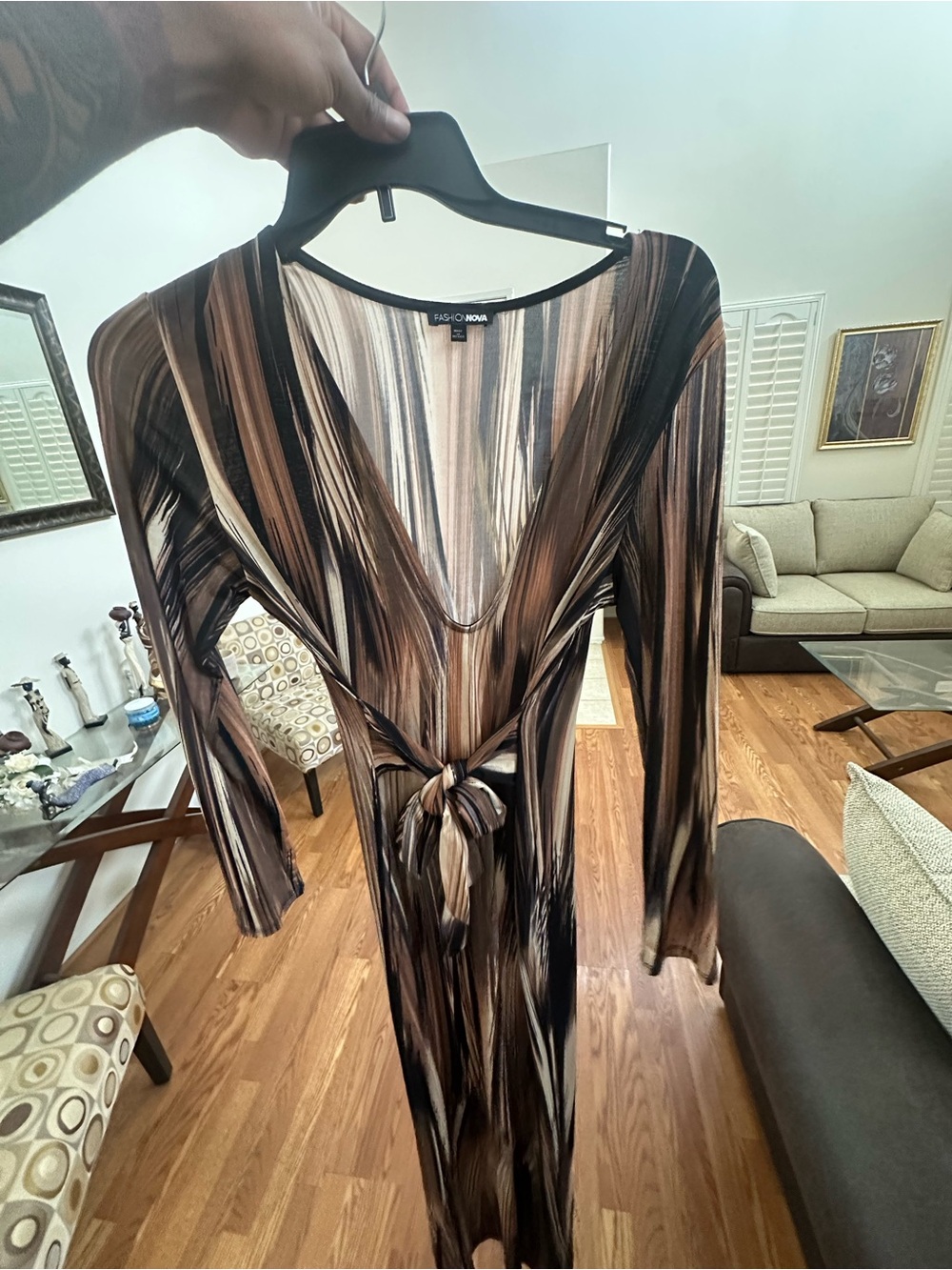 Fashion Nova Brown Multi-Stripe Long Sleeve Tie-Waist Dress